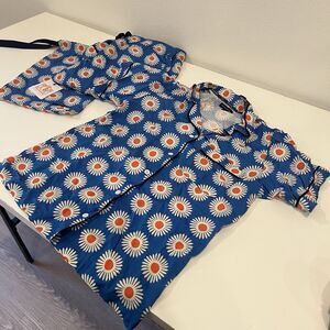 New Katie Kime Pajama Set Blue White Floral Small Long Pants Retro Loungewear